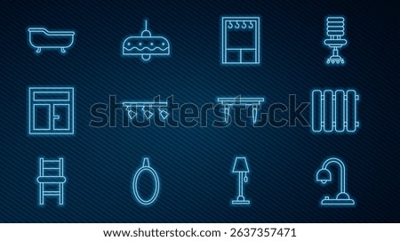 Set line Table lamp, Heating radiator, Wardrobe, Led track lights and lamps, Window the room, Bathtub, Wooden table and Chandelier icon. Vector