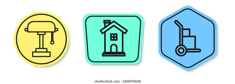 Set line Table lamp, Home symbol and Hand truck and boxes. Colored shapes. Vector