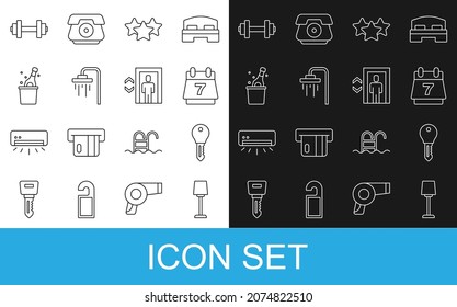 Set line Table lamp, Hotel door lock key, booking calendar, Stars rating, Shower, Bottle of champagne, Dumbbell and Lift icon. Vector