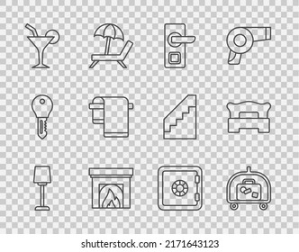 Set line Table lamp, Hotel luggage cart, Digital door lock, Interior fireplace, Cocktail, Towel on hanger, Safe and Bedroom icon. Vector