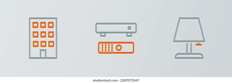 Set line Table lamp, House and Multimedia and TV box icon. Vector