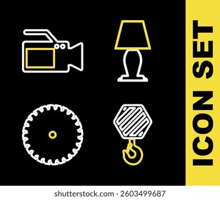 Set line Table lamp, Industrial hook, Circular saw blade and Cinema camera icon. Vector