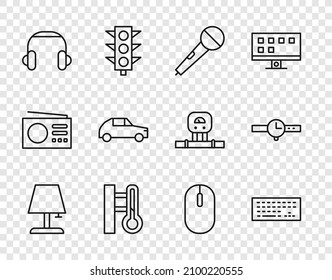 Set line Table lamp, Keyboard, Microphone, Meteorology thermometer, Headphones, Car, Computer mouse and Wrist watch icon. Vector