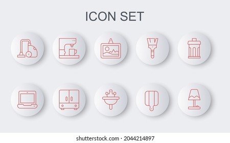 Set line Table lamp, Laptop, Picture, Cutting board, Vacuum cleaner, Coffee machine, Wardrobe and Washbasin icon. Vector