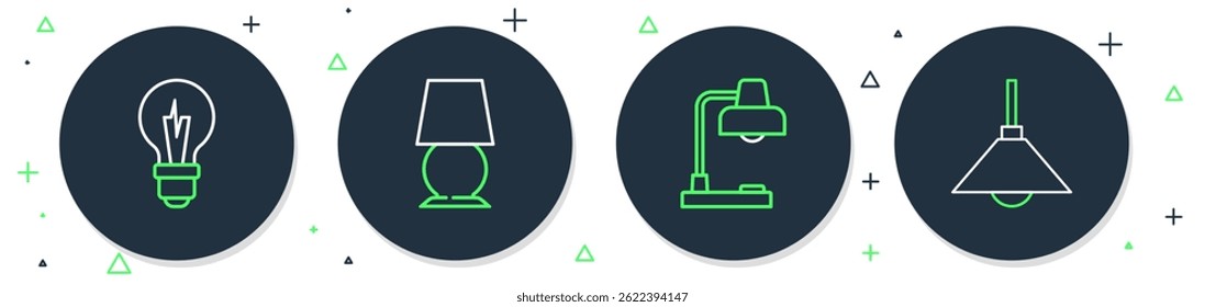 Set line Table lamp, Light bulb and Lamp hanging icon. Vector