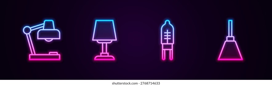 Set line Table lamp, , Light emitting diode and Chandelier. Glowing neon icon. Vector