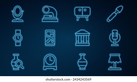 Lámpara de mesa, micrófono, soporte de mesa de TV, consola de videojuegos portátil, reloj de pulsera, espejo de maquillaje redondo, edificio del museo e icono del viejo gramófono. Vector