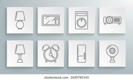 Set line Table lamp, Microwave oven, Alarm clock, Refrigerator, Web camera, Remote control,  and  icon. Vector