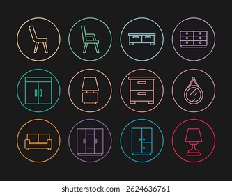 Set-Linie Tischlampe, Spiegel, Kommode, Schrank, Sessel, Möbel Nachttisch und Symbol. Vektorgrafik