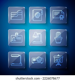 Set line Table lamp, Movie, film, media projector, Chalkboard with diagram, Certificate template, Identification badge, Document folder and Cactus and succulent in pot icon. Vector