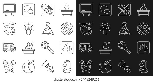 Set line Table lamp, Music note, tone, Basketball ball, Paper clip, Light bulb, Paint brush with palette, Chalkboard and Test tube and flask icon. Vector