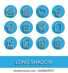 Set line Table lamp, Note paper with push button, Mail and e-mail, Document graph chart, To do list or planning, Trash can, File document and Board icon. Vector