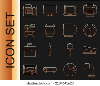 Set line Table lamp, Office stapler, Clock, Laptop, Coffee cup go, Printer, Telephone and  icon. Vector