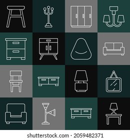 Set line Table lamp on table, Mirror, Sofa, Wardrobe, Chest drawers, Furniture nightstand, Chair and Pouf icon. Vector
