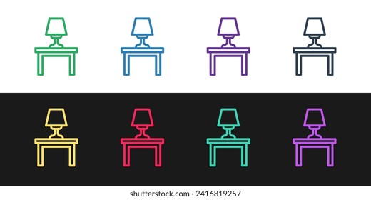 Set line Table lamp on table icon isolated on black and white background.  Vector