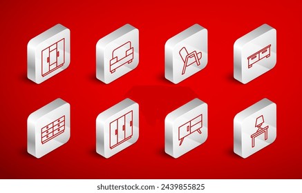 Set line Table lamp on table, Armchair, Chest of drawers, Wardrobe,  and  icon. Vector