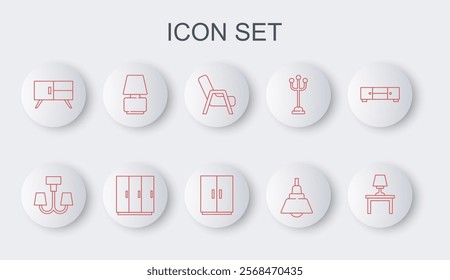 Set line Table lamp on table, Chandelier, Armchair, Chest of drawers, Wardrobe and  icon. Vector