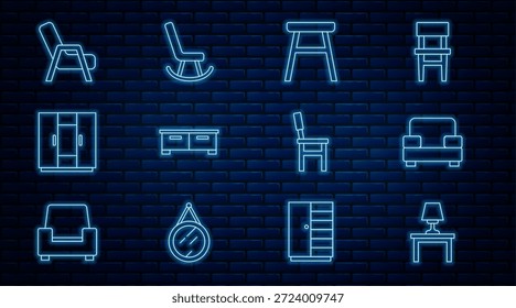 Set line Lámpara de mesa sobre mesa, Sillón, Silla, Cómoda, Armario e icono. Vector