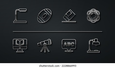 Set line Table lamp, Online class, Atom, Alphabet, Telescope, American Football ball,  and Eraser or rubber icon. Vector