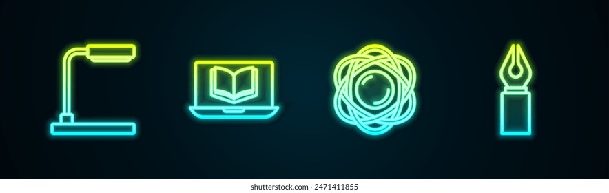 Set line Table lamp, Online class, Atom and Fountain pen nib. Glowing neon icon. Vector