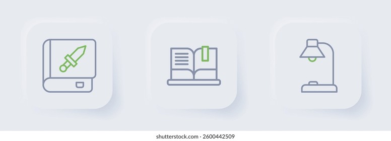 Set line Table lamp, Open book and Book about weapon icon. Vector