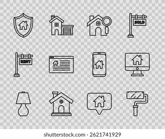 Set line Table lamp, Paint roller brush, Search house, House, with shield, Hanging sign text Online Sale, Map pointer and Computer monitor smart home icon. Vector