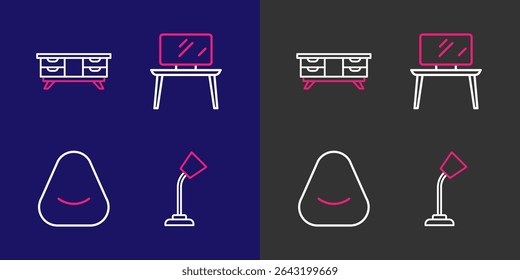 Ajuste a lâmpada de mesa de linha, Pouf, suporte de mesa de TV e ícone. Vetor