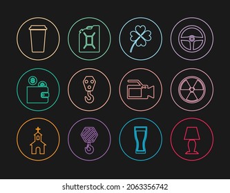 Set line Table lamp, Radioactive, Four leaf clover, Industrial hook, Wallet with coin, Coffee cup, Cinema camera and Canister for gasoline icon. Vector