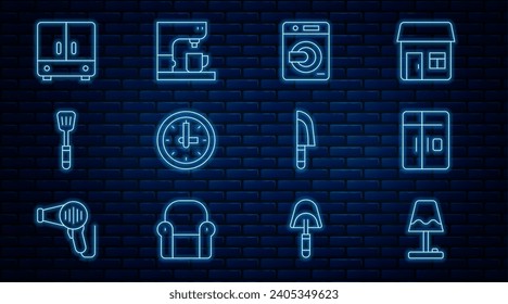 Set line Table lamp, Refrigerator, Washer, Clock, Spatula, Wardrobe, Knife and Coffee machine icon. Vector