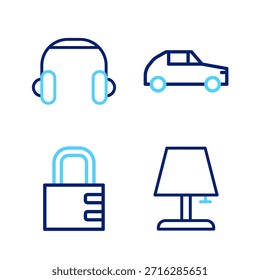 Set Linie Tischlampe, Sicheres Kombinationsschloss, Auto und Kopfhörer Symbol. Vektorgrafik