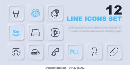 Set line Table lamp, Sleeping pill, Big bed, Bed, Sleepy, hat, Alarm clock and Eye sleep mask icon. Vector