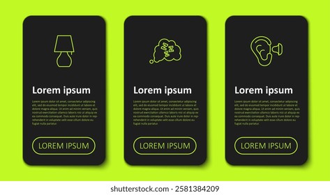 Set line Table lamp, Sleepy and Earplugs and ear. Business infographic template. Vector