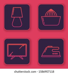 Set line Table lamp , Smart Tv , Citrus fruit juicer  and Electric iron . Blue square button. Vector