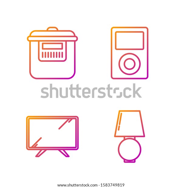 Set line Table lamp , Smart\
Tv , Slow cooker  and Music player . Gradient color icons.\
Vector