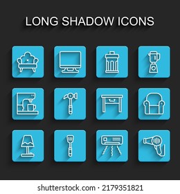 Set line Table lamp, Spatula, Sofa, Air conditioner, Hair dryer, Hammer, Armchair and Furniture nightstand icon. Vector