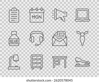 Set line Table lamp, Stapler, Megaphone, Archive papers drawer, To do list or planning, Headphones, Office desk and Tie icon. Vector