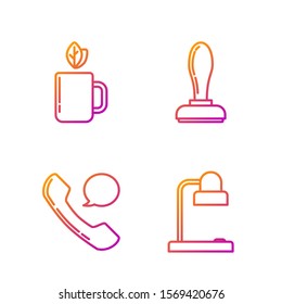 Set line Table lamp, Telephone handset and speech bubble chat, Cup of tea and leaf and Stamp. Gradient color icons. Vector