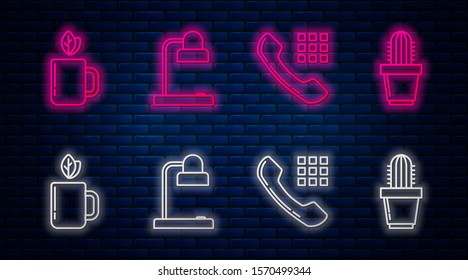 Set line Table lamp, Telephone handset, Cup of tea and leaf and Cactus and succulent in pot. Glowing neon icon on brick wall. Vector