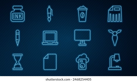 Set line Table lamp, Tie, Coffee cup to go, Laptop, Pencil, Inkwell, Computer monitor and Fountain pen nib icon. Vector