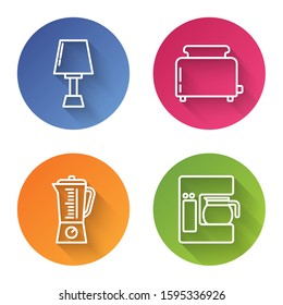 Set line Table lamp , Toaster with toasts , Blender  and Coffee machine with glass pot . Color circle button. Vector