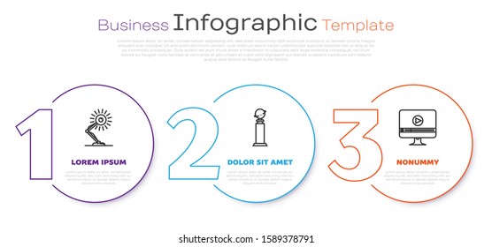 Set line Table lamp , Trophy Golden Globe  and Online play video . Business infographic template. Vector