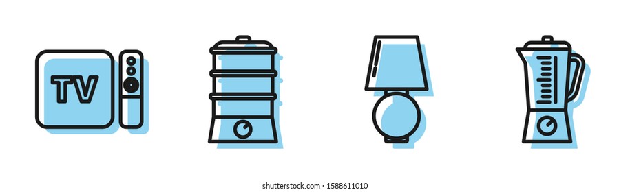 Set line Table lamp , TV box receiver and player with remote controller , Double boiler  and Blender  icon. Vector