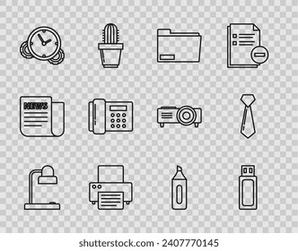 Set line Table lamp, USB flash drive, Document folder, Printer, Time Management, Telephone, Marker pen and Tie icon. Vector