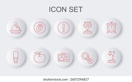 Set line Table lamp, USB flash drive, Speech bubble and Exclamation, Timing belt kit, Gives lecture, Ear listen sound signal, Apple and Identification badge icon. Vector