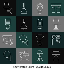 Set line Table lamp, Vintage street light, Garden, Lamp hanging, LED bulb, Wall or sconce and Light emitting diode icon. Vector
