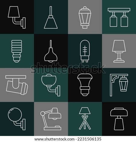 Set line Table lamp, Vintage street light, Garden, Lamp hanging, LED bulb, Wall or sconce and Light emitting diode icon. Vector