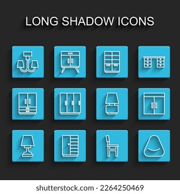 Set line Table lamp, Wardrobe, Chandelier, Chair, Pouf,  and  icon. Vector