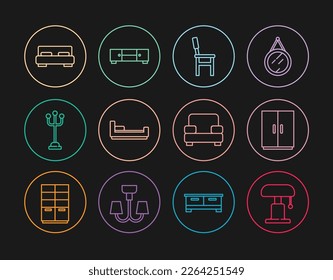 Tischlampe, Garderobe, Stuhl, Bett, Matratze Ständer, großes Bett, Sessel und Kommode Symbol. Vektorgrafik