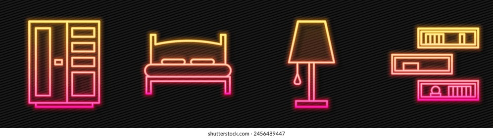 Set line Table lamp, Wardrobe, Big bed and Shelf with books. Glowing neon icon. Vector