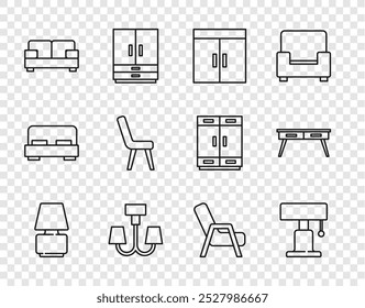 Set line Lámpara de mesa, armario, lámpara de araña, sofá, sillón, y el icono de escritorio de oficina. Vector